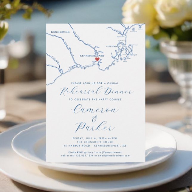 Invitation Kennebunkport ME Dîner de répétition Mariage Décon (Kennebunkport Maine Casual Wedding Rehearsal Dinner Invitation in Navy Blue from Coastal Map Designs)