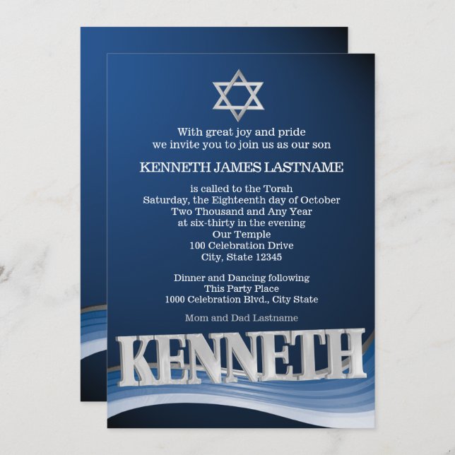 Invitation Kenneth Steel Wave Name Bar Mitzvah (Devant / Derrière)