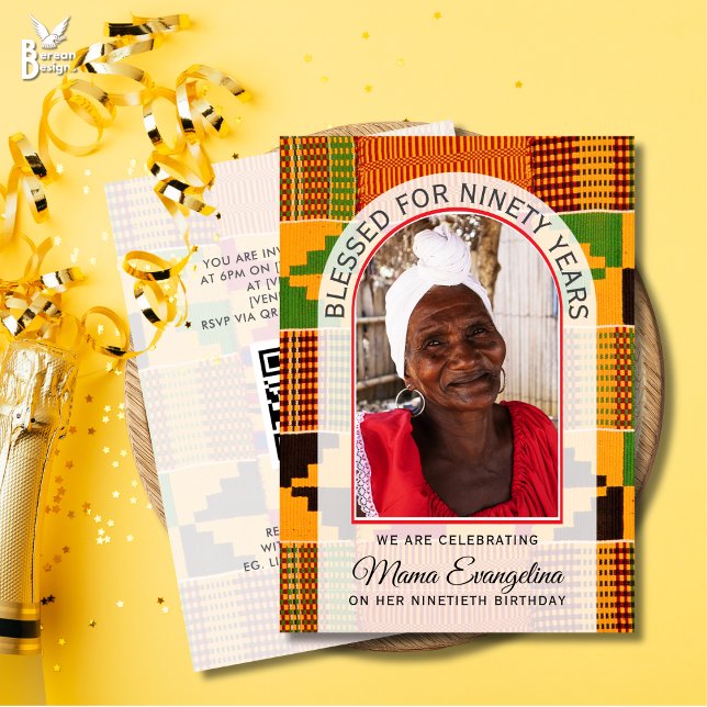 Invitation Kente Photo BLESSED 90TH BIRTHDAY (BLESSED FOR NINETY YEARS ethnic kente photo design for 90th birthday celebrations)
