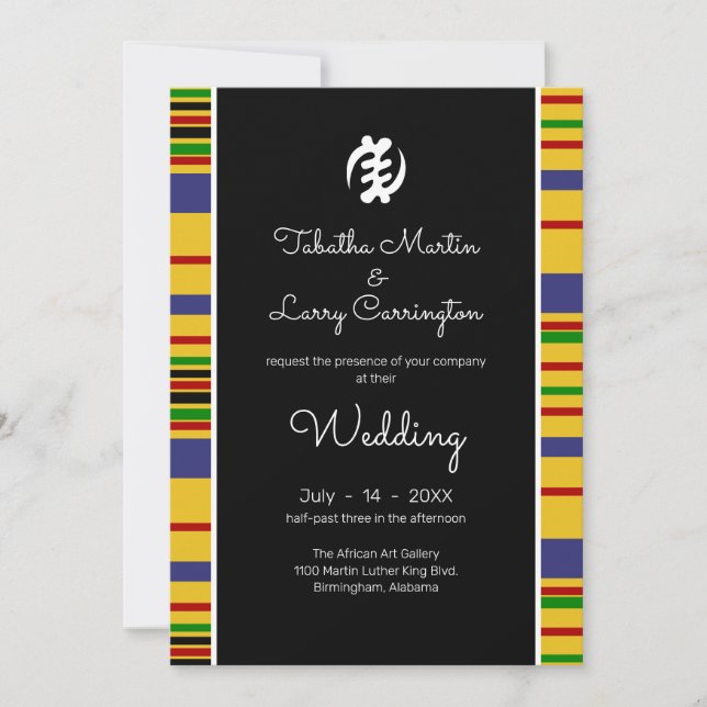 Invitation Kente Stripes, Gye Nyame, Mariage noir blanc (Devant)