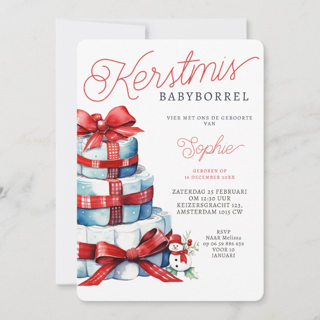 Invitation Kerstmis Luiertaart Rood Blauw Babyborrel (Devant)