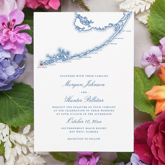 Invitation Key West FL Map Élégant Mariage bleu marine (Key West FL Map Wedding Invitation for an elegant navy blue destination wedding. Coastal Map Designs)