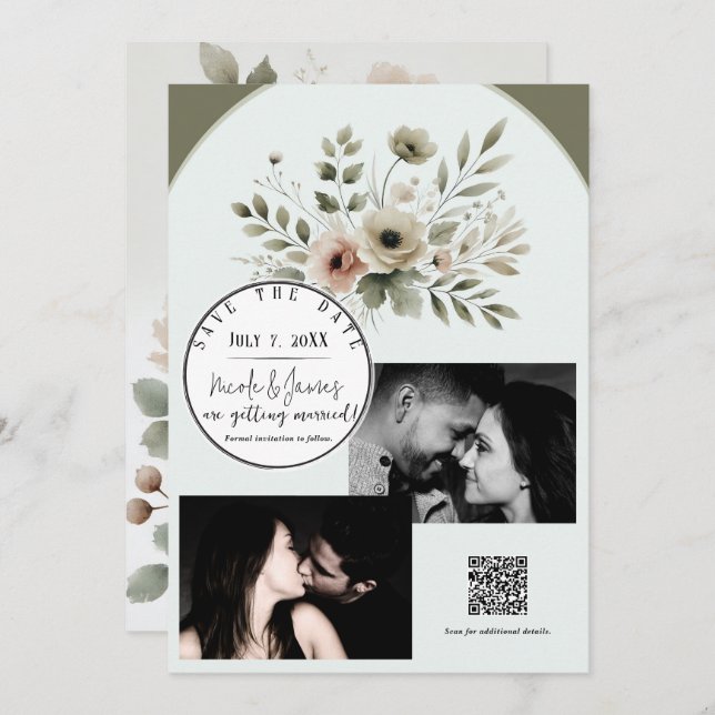 Invitation Khaki Vert Olive Aquarelle Floral Enregistrer La D (Devant / Derrière)