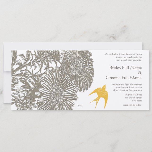 Invitation Khaki Vintage Flower et Goldenrod Bird Mariage (Dos)