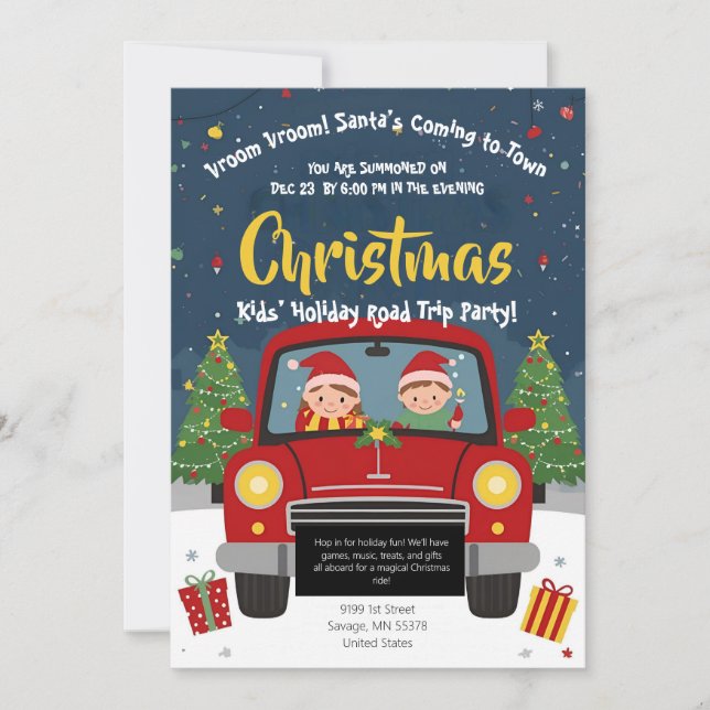 Invitation Kids Christmas Road Trip Car Holiday Party Card (Devant)