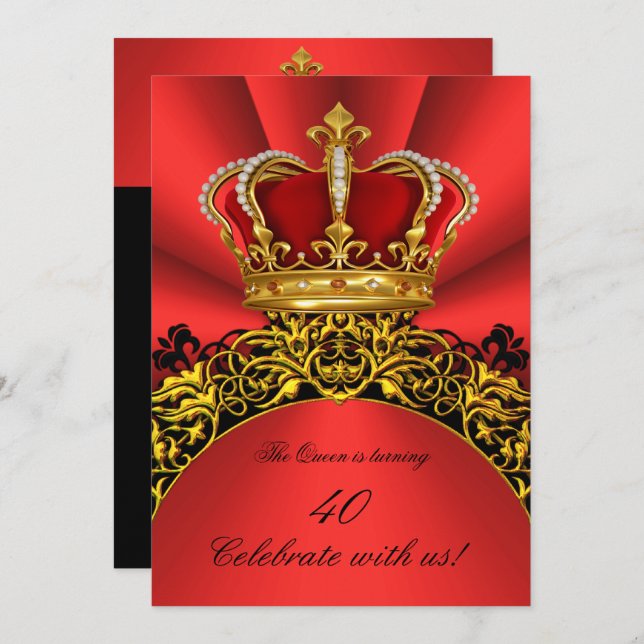 Invitation King Queen Gold Royal Regal Redish Birthday Party (Devant / Derrière)