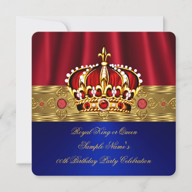 Invitation King Queen Red Crown Royal Blue Gold Anniversaire  (Devant)