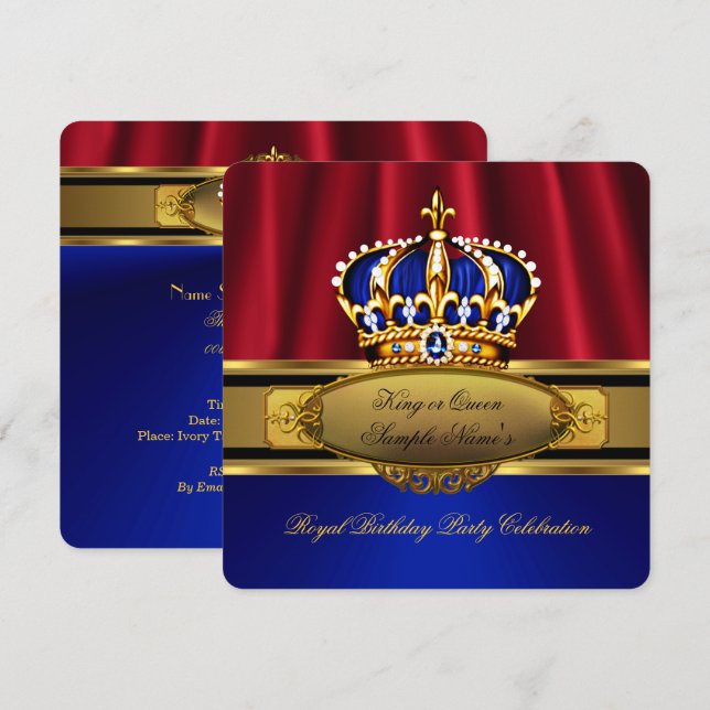 Invitation King Queen Red Royal Blue Gold fête d'anniversaire (Devant / Derrière)
