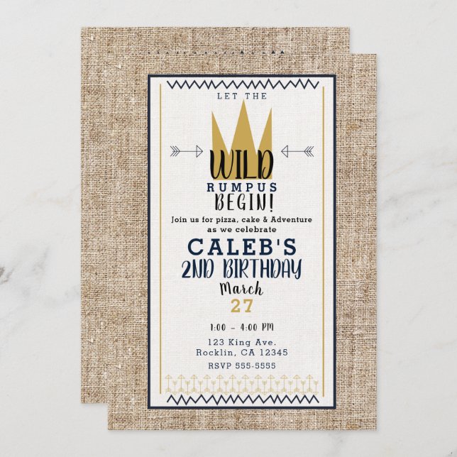 Invitation King Wild Thing Gold Crown Burlap Anniversaire (Devant / Derrière)