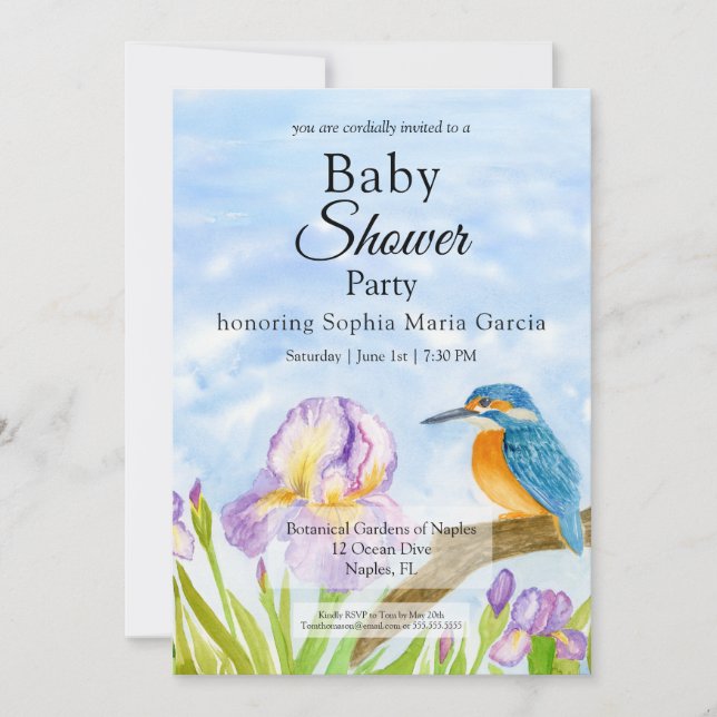 Invitation  Kingfisher with Purple Irises Baby Shower (Devant)