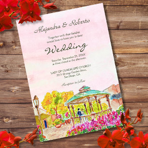 Invitation Kiosque à l'aquarelle avec fleurs mariage au vieux