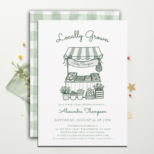 Invitation Kiosque de Marché Local de Naissance Vert (locally grown baby shower invitation sprout produce watercolor farmers market stand gingham sage)
