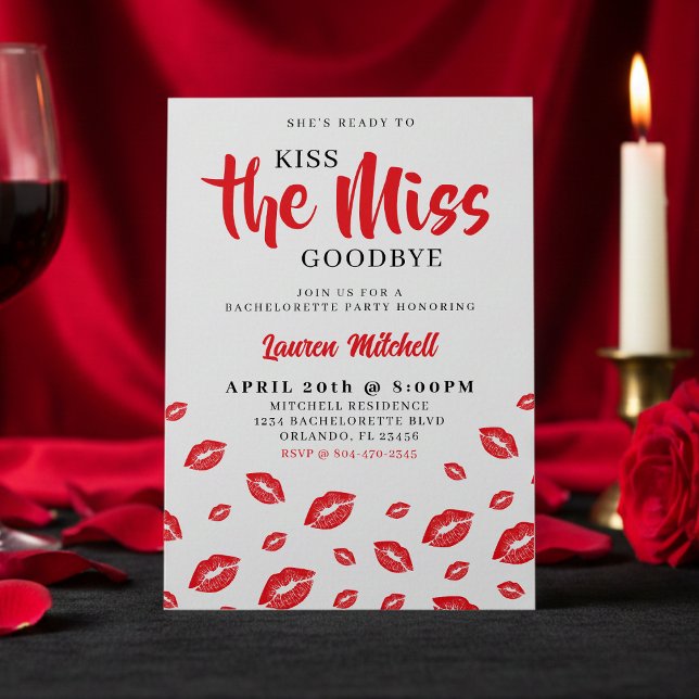 Invitation Kiss the Miss Goodbye Red Lip Bachelorette Party (Créateur téléchargé)