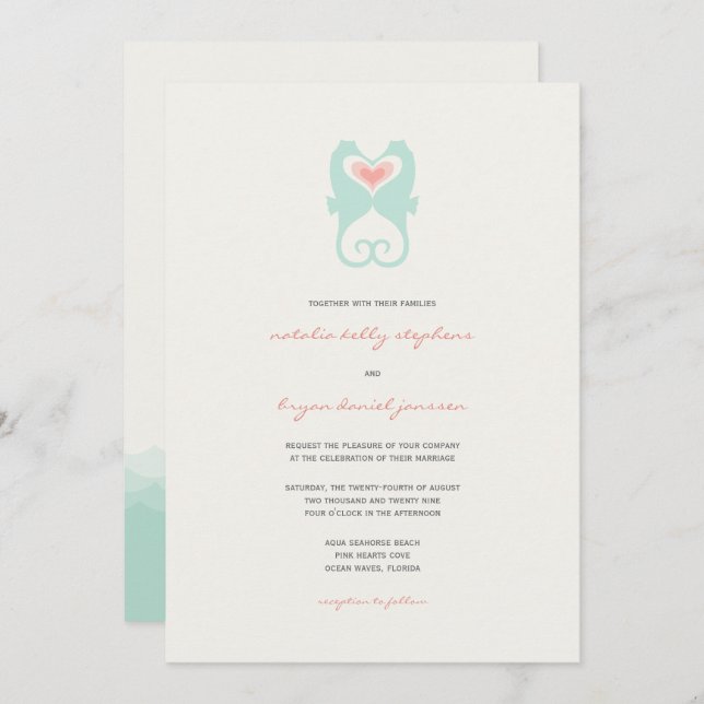 Invitation Kisser Seahorses Love Hearts Beach Mariage d'été (Devant / Derrière)