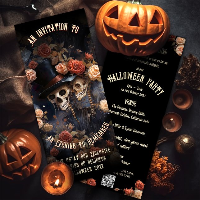 Invitation Kissing Skeletons gothique Vintage QR Code Hallowe (Créateur téléchargé)