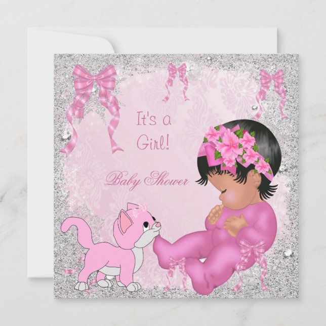 Invitation Kit bébé Shower Fille Rose Chaton Afro-Américain (Devant)