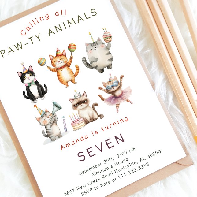 Invitation Kit Chat Mignon Aquarelle Patte Ty Fête d'Annivers (Créateur téléchargé)