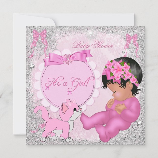 Invitation Kit de bébé fille de douche mignonne Chaton Rose F (Devant)