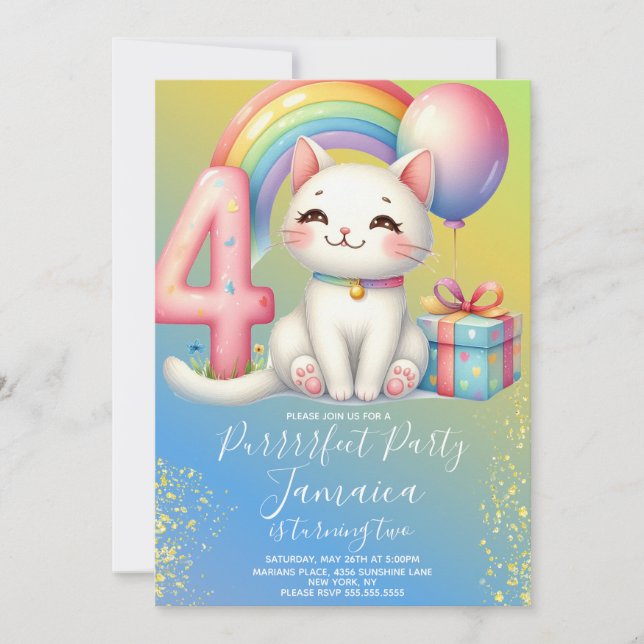 Invitation Kit de fête arc-en-ciel pour chaton de 4 ans (Devant)
