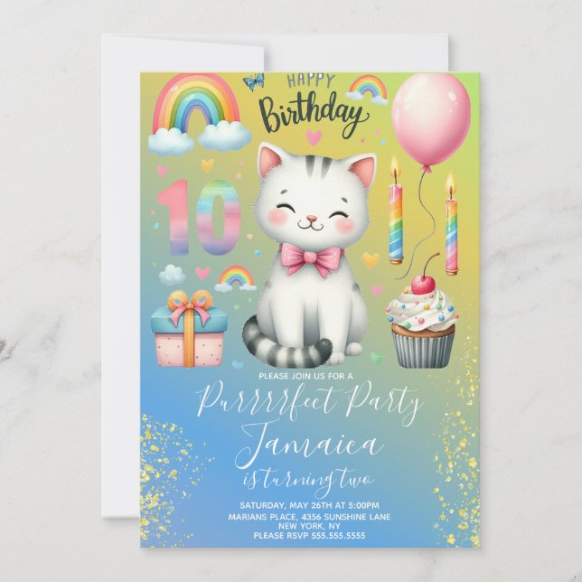 Invitation Kit de fête arc-en-ciel pour chaton pour 10e anniv (Devant)
