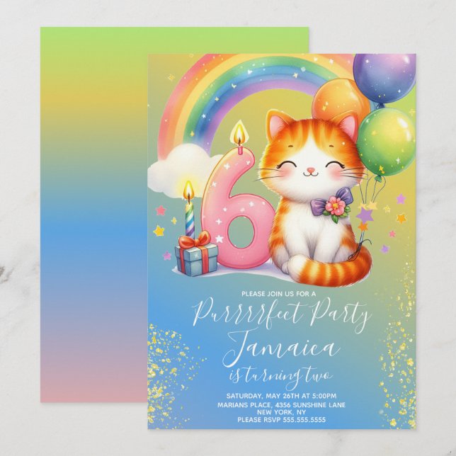 Invitation Kit de fête d'anniversaire arc-en-ciel pour chaton (Devant / Derrière)