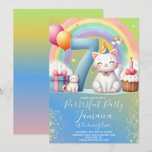 Invitation Kit de fête d'anniversaire arc-en-ciel pour chaton (Devant / Derrière)
