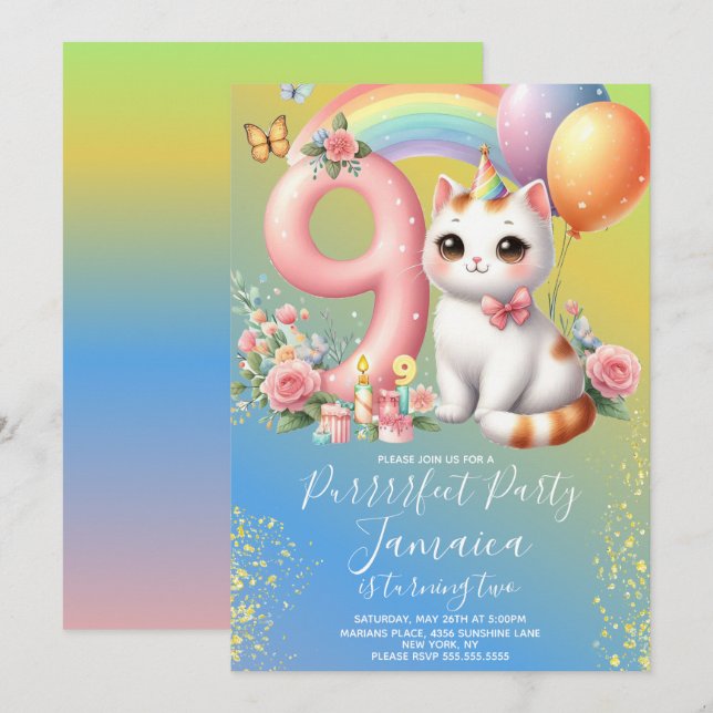Invitation Kit de fête d'anniversaire arc-en-ciel pour chaton (Devant / Derrière)