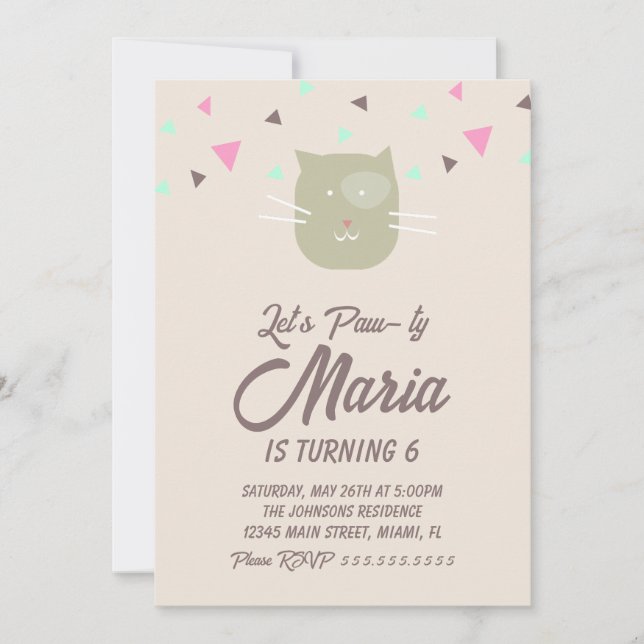 Invitation Kitten Anniversaire Paw-ty Party Animal Confetti (Devant)