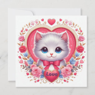 Invitation Kitten avec Bow rouge avec Coeurs floraux romantiq