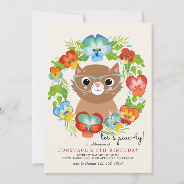 Invitation Kitten Avec Lunettes Fête Anniversaire (Devant)