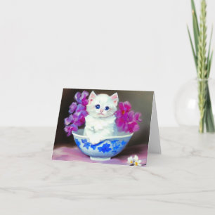 Invitation Kitten blanc vintage aux fleurs roses