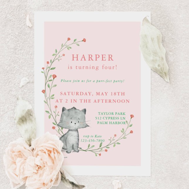 Invitation Kitten Blush Floral fête d'anniversaire (Créateur téléchargé)
