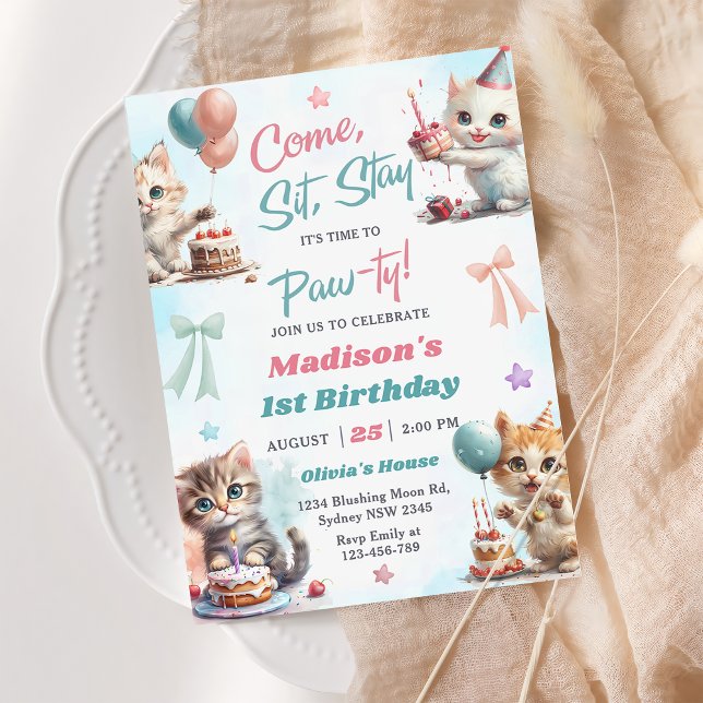 Invitation Kitten Cat Let's Pawty 1er Anniversaire Fête Invit (Créateur téléchargé)