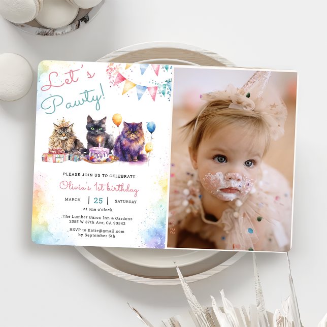 Invitation Kitten Cat Let's Pawty 1er Anniversaire Photo (Créateur téléchargé)