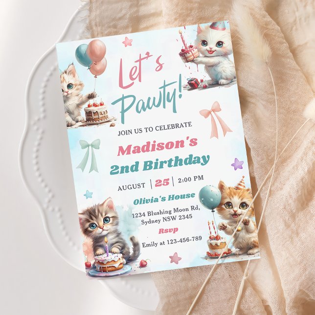 Invitation Kitten Cat Let's Pawty 2e fête d'anniversaire (Créateur téléchargé)