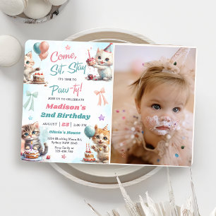 Invitation Kitten Cat Let's Pawty 2nd Birthday Party Photo