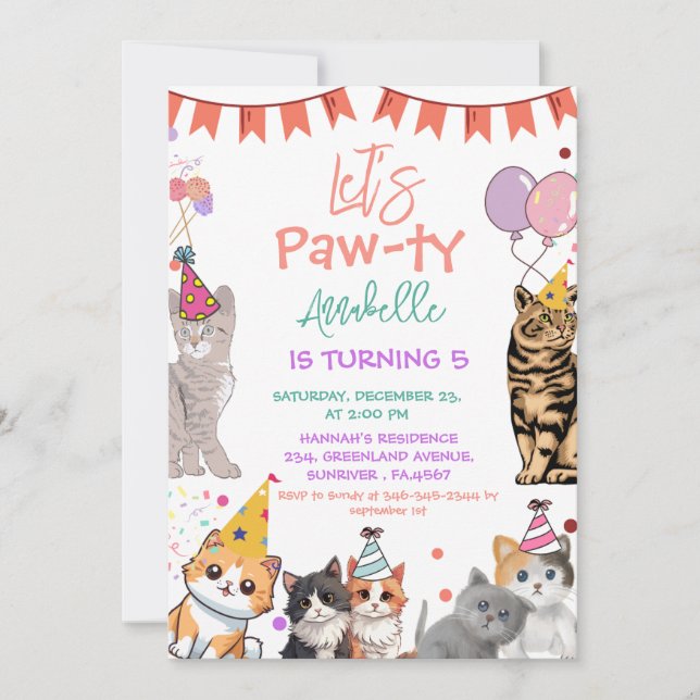 Invitation Kitten Cat Let's Pawty Anniversaire (Devant)