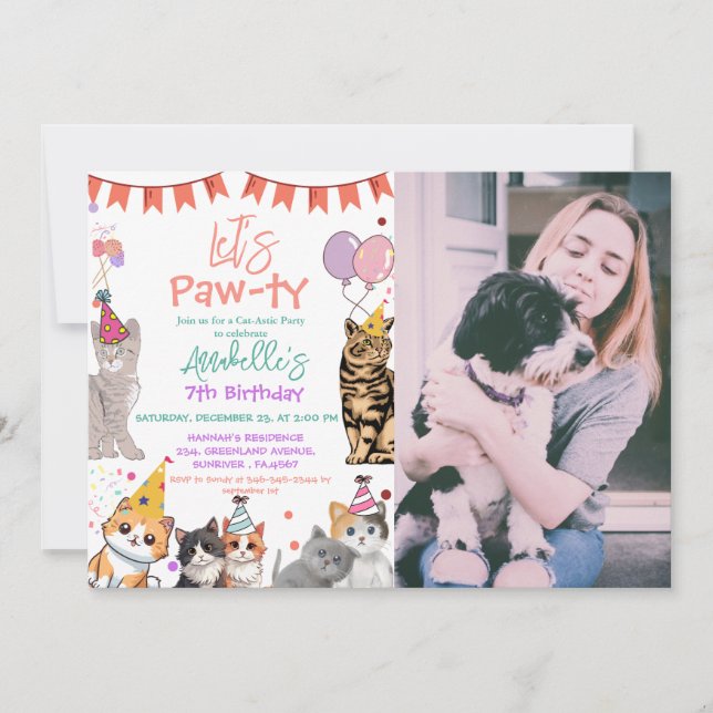 Invitation Kitten Cat Let's Pawty Anniversaire (Devant)