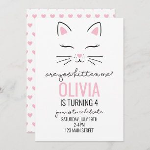 Invitation Kitten Coeurs roses Anniversaire