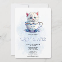 Kitten en Coupe Fleurs Bleues Baby shower Invitati