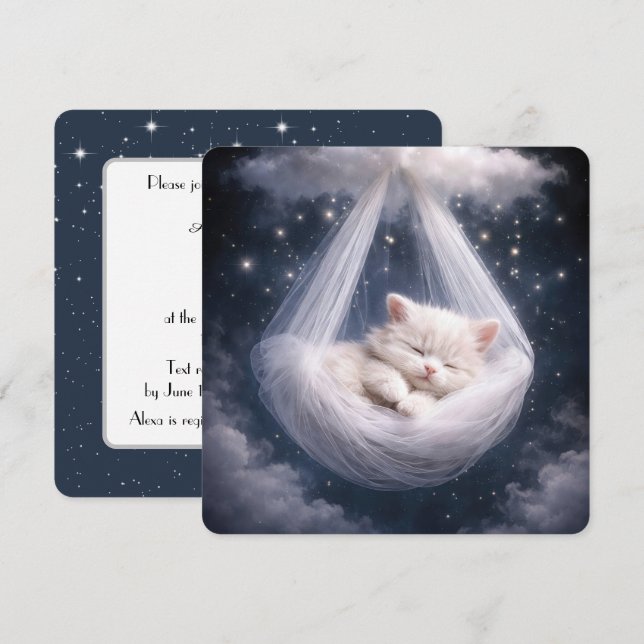 Invitation Kitten Hanging from a Tulle Hammock and Cloud (Devant / Derrière)