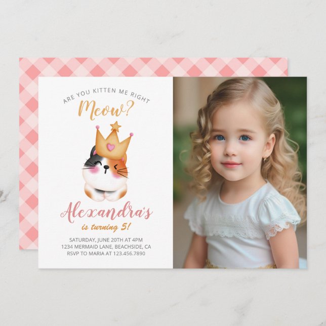 Invitation Kitten Meow Couronne rose Fille Kitty Chat Anniver (Devant / Derrière)