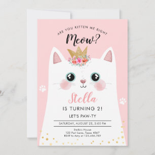 Invitation Kitten Meow Couronne rose Fille Kitty Chat Anniver