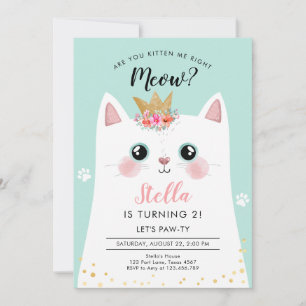 Invitation Kitten Meow Couronne Turquoise fille Kitty Chat An