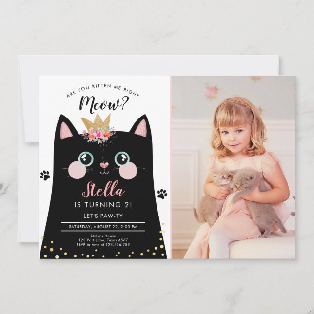 Invitation Kitten Meow Fille de la Couronne rose Kitty Chat A (Devant)