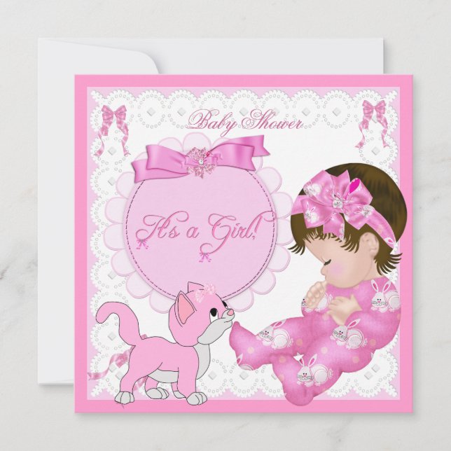 Invitation Kitten Rose et Blanc pour Baby Shower Fille Mignon (Devant)