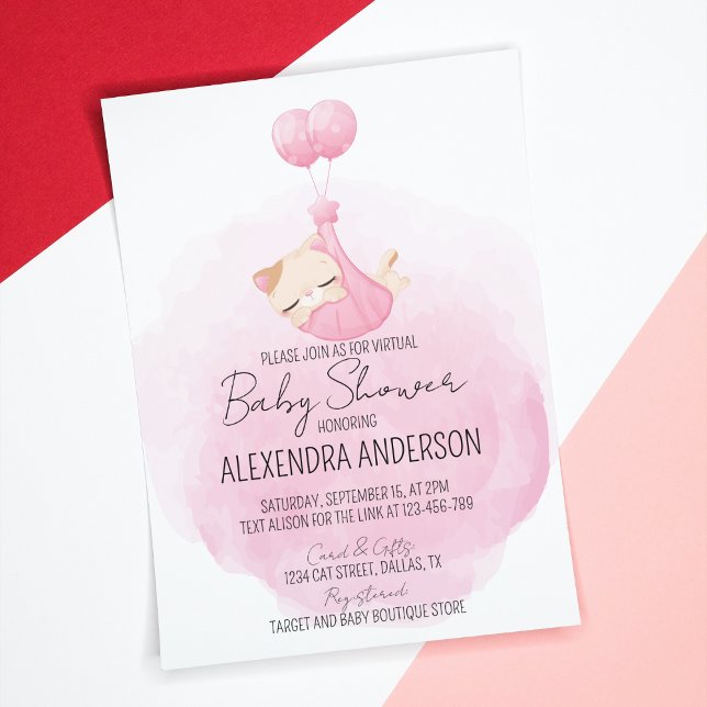 Invitation Kitten rose personnalisé bébé fille douche (Baby girl cat theme pink shower Invitation for cat lover mom-to be. )