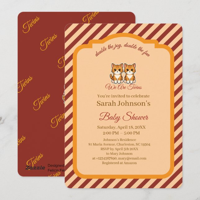 Invitation Kitten Twins Baby Shower Orange  Burgundy Stripes (Devant / Derrière)