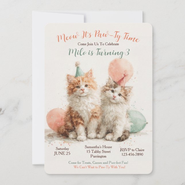 Invitation Kitty Anniversaire Chat Mignon Kit De Aquarelle (Devant)