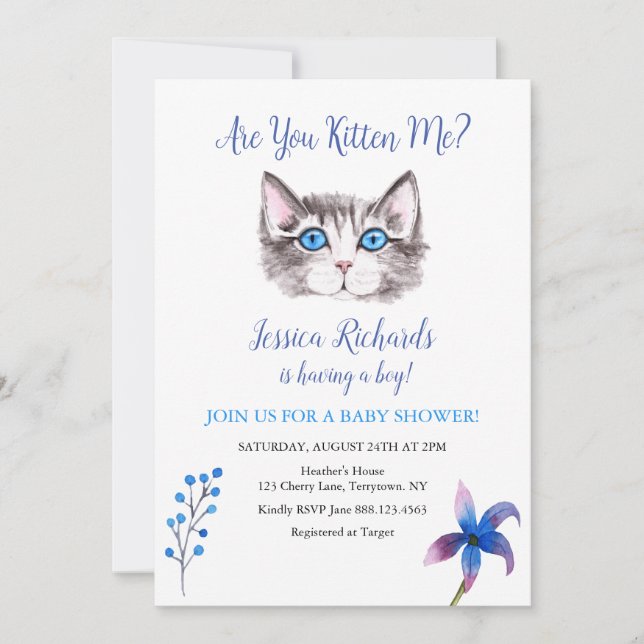 Invitation Kitty chat chaton bleu violet garçon baby shower (Devant)
